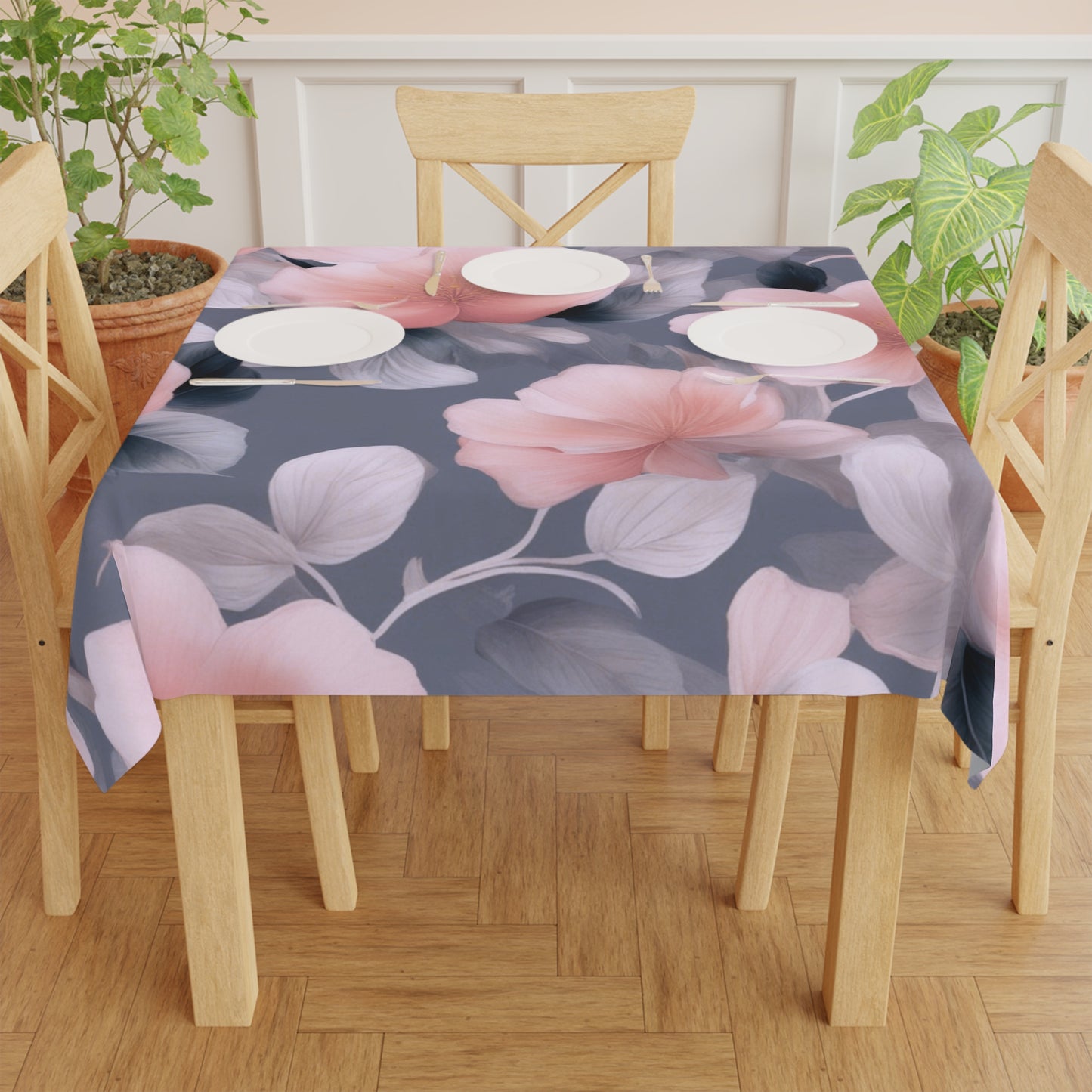 Peach and Blue Gray Floral Bunch Tablecloth, 55" x 55"