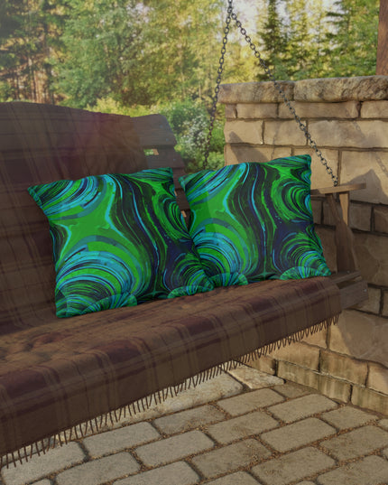 Uzi Spiral Blue Green Outdoor Pillow, 18" x 18"