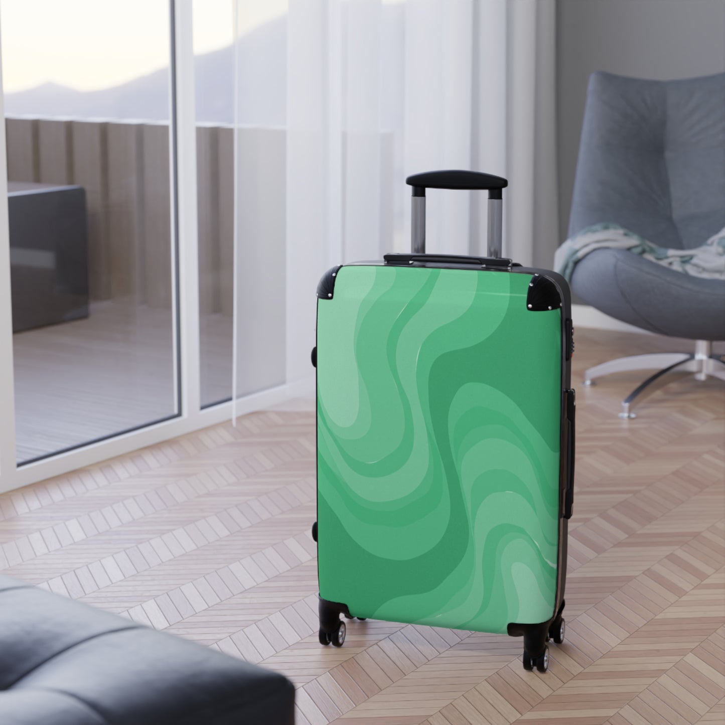 Mint Green Wavey Medium Suitcase with built in lock, 4 double-wheels, telescopic handle, and ABS back hard-shell