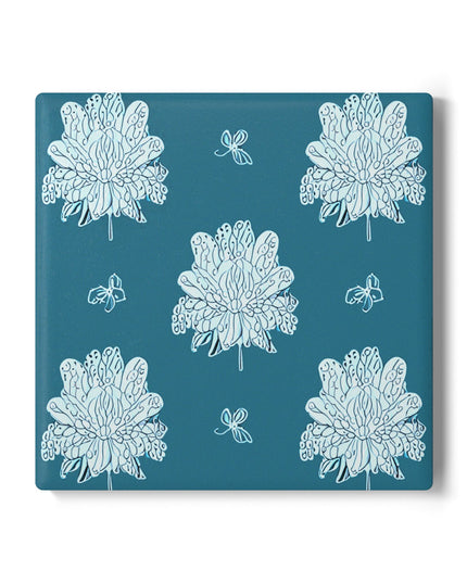 Tif Green White Floral Butterflies 4" x 4" Square Ceramic Coaster