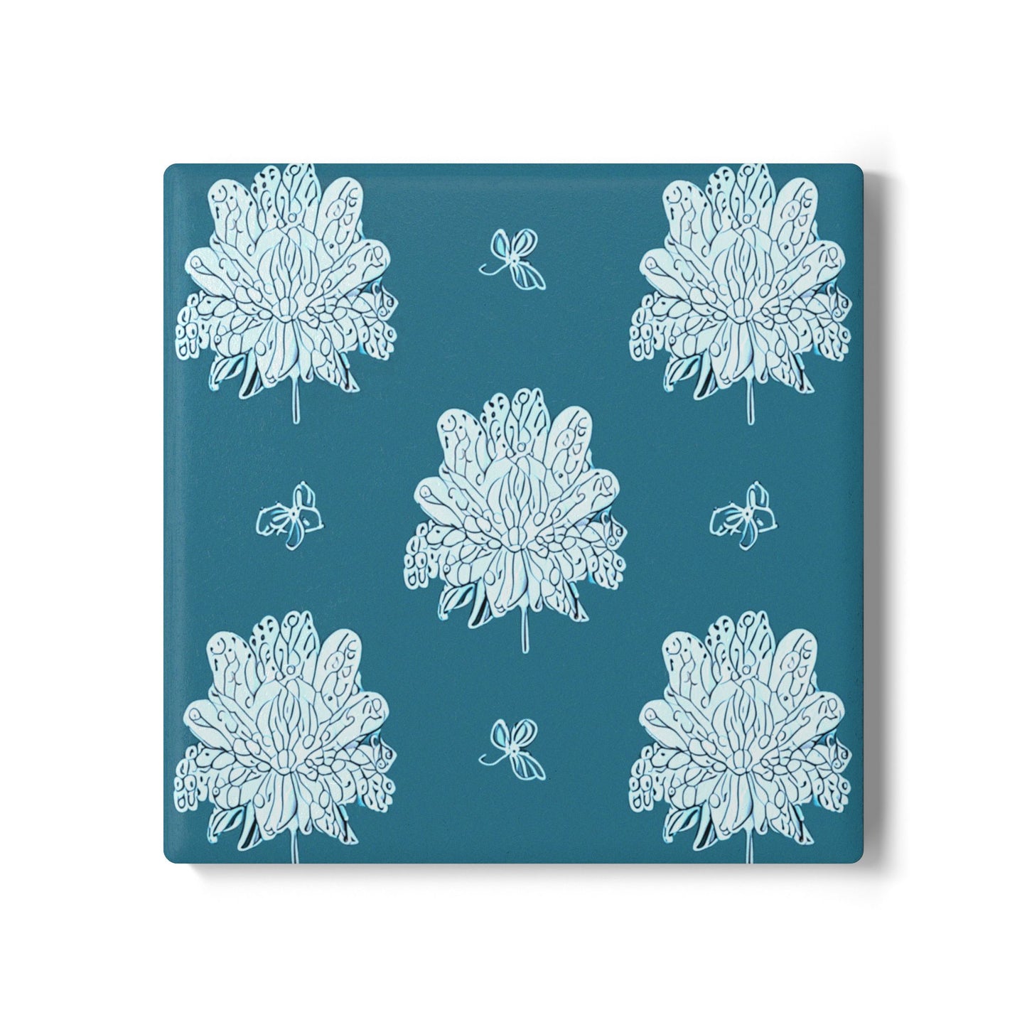 Tif Green White Floral Butterflies 4" x 4" Square Ceramic Coaster