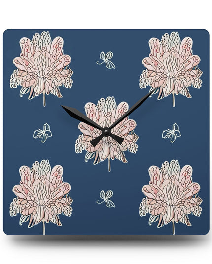 Rose White Floral Butterflies Acrylic Wall Clock, Round or Square, 10.75" x 10.75"