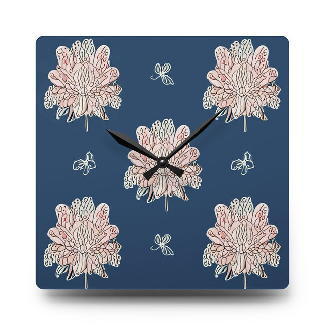 Rose White Floral Butterflies Acrylic Wall Clock, Round or Square, 10.75" x 10.75"