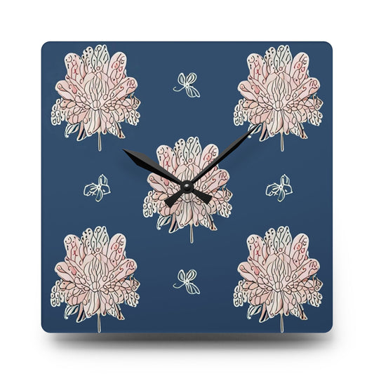 Rose White Floral Butterflies Acrylic Wall Clock, Round or Square, 10.75" x 10.75"
