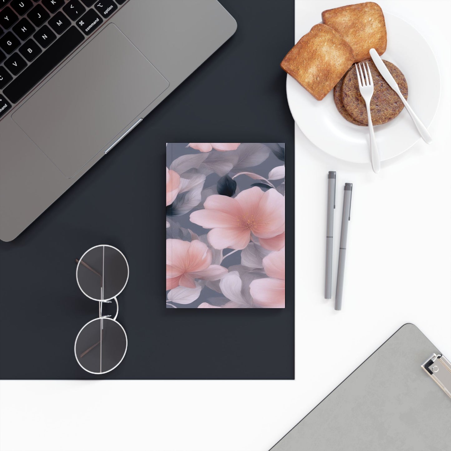 Peach and Blue Gray Floral Bunch Hard Backed Journal with 128 blank pages, 5.2" x 7.4"