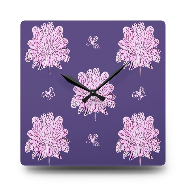 Magenta Floral Butterflies Acrylic Wall Clock, Round or Square, 10.75" x 10.75"
