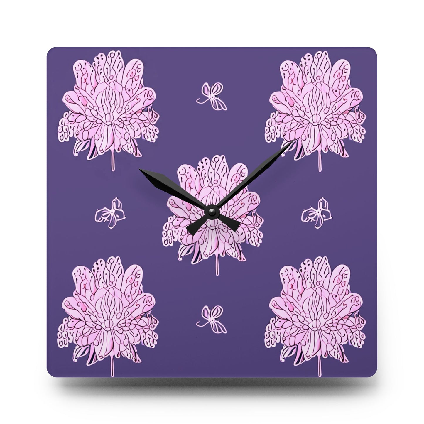 Magenta Floral Butterflies Acrylic Wall Clock, Round or Square, 10.75" x 10.75"