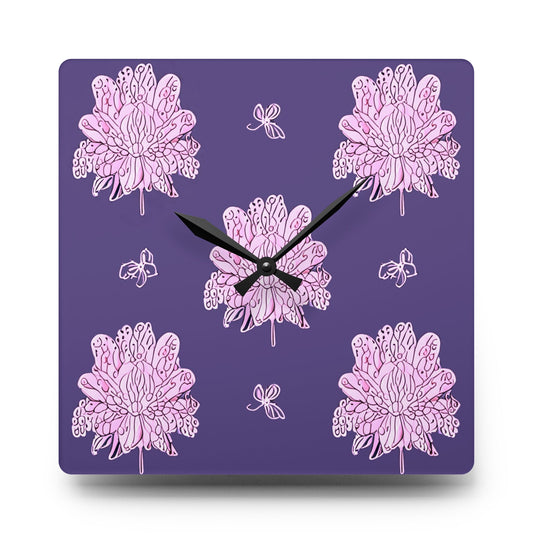 Magenta Floral Butterflies Acrylic Wall Clock, Round or Square, 10.75" x 10.75"