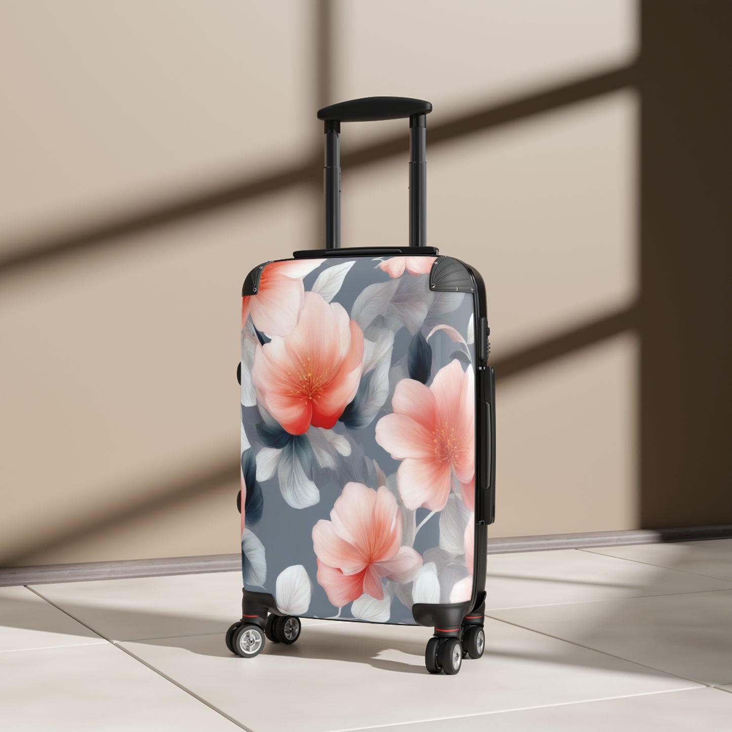 Red Blossom Floral Bunch Small Suitcase with built in lock, 4 double-wheels, telescopic handle, and ABS back hard-shell