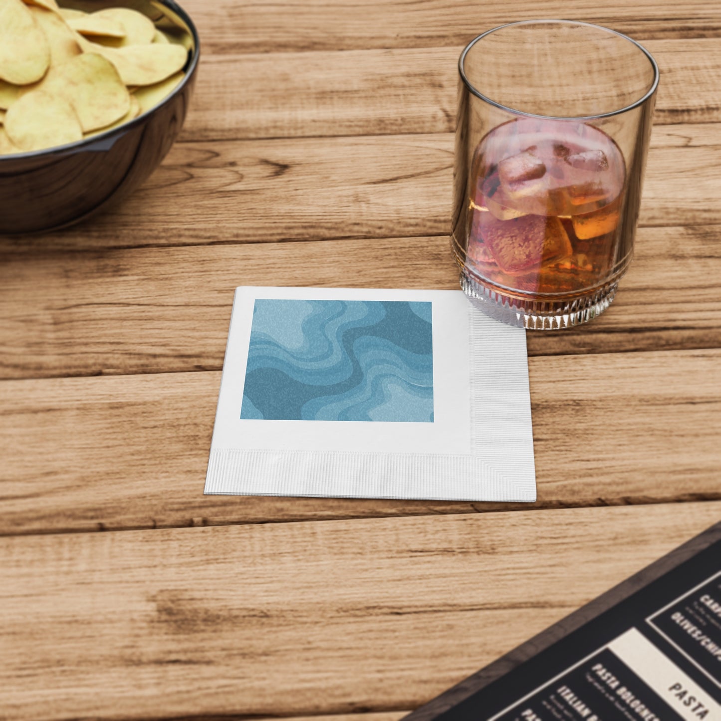 Sky Blue Wavey White Coined Napkins, 4.8" x 4.8"