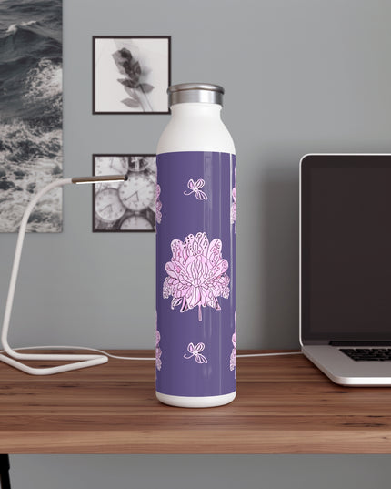 Magenta Floral Butterflies Slim Water Bottle, 20 oz White