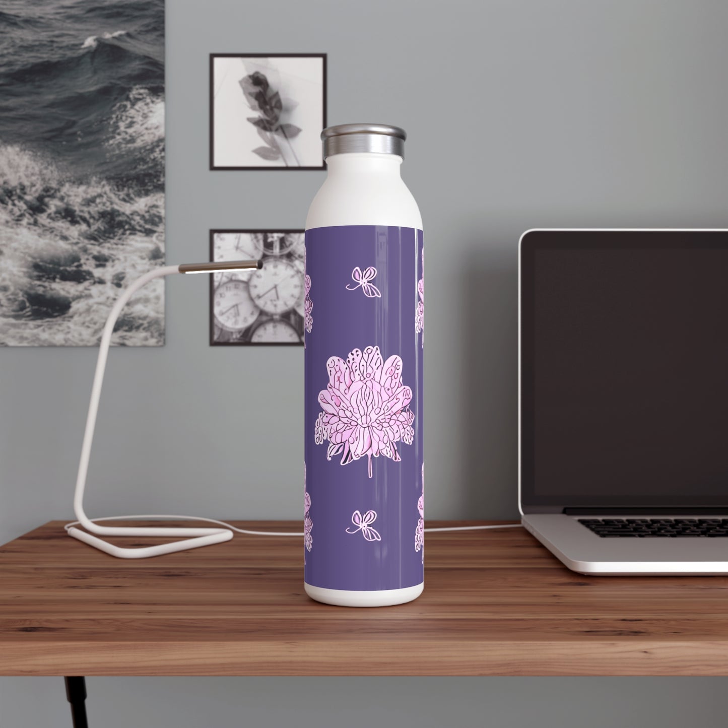 Magenta Floral Butterflies Slim Water Bottle, 20 oz White