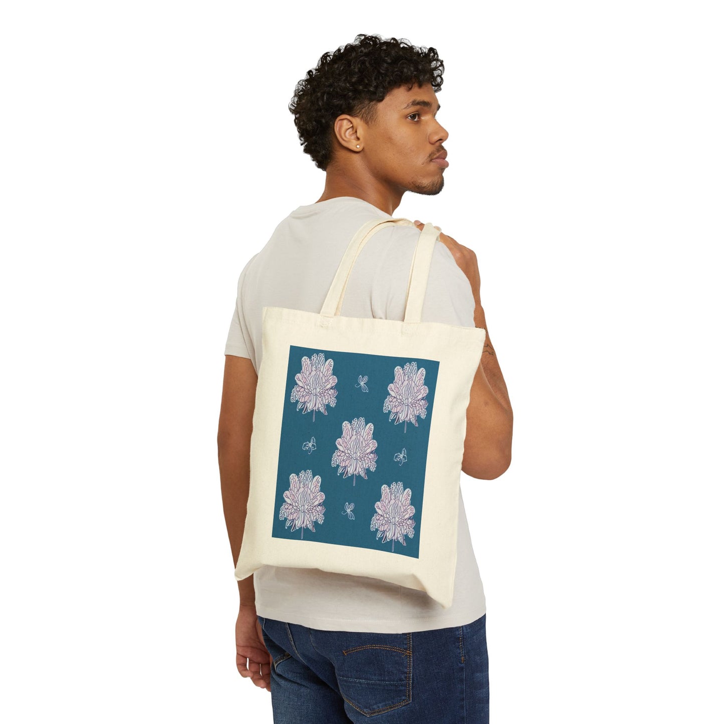 Lavender Floral Butterflies Cotton Canvas Tote Bag