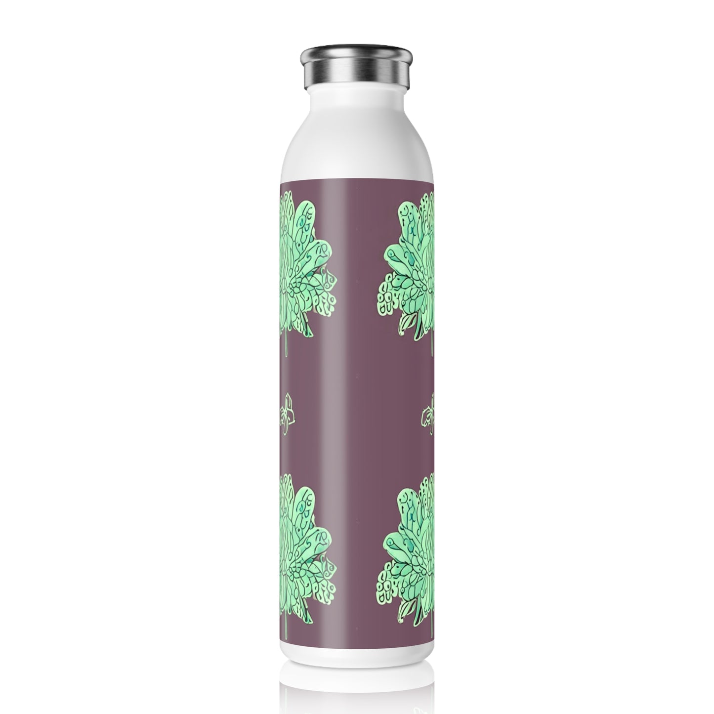 Mint Green Floral Butterflies Slim Water Bottle, 20 oz White