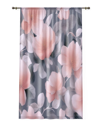 Peach and Blue Gray Floral Bunch Sheer Window Curtain, 50" x 84", partially transparent