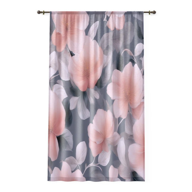 Peach and Blue Gray Floral Bunch Sheer Window Curtain, 50" x 84", partially transparent