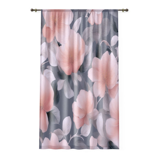 Peach and Blue Gray Floral Bunch Sheer Window Curtain, 50" x 84", partially transparent