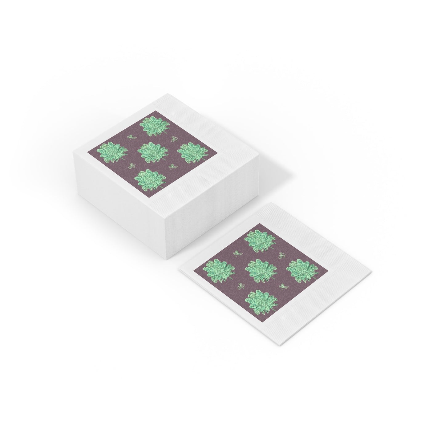 Mint Green Floral Butterflies White Coined Napkins, 6.5" x 6.5"