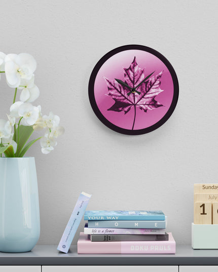 Magenta Maple Leaf Acrylic Wall Clock, Round or Square, 10.75" x 10.75"