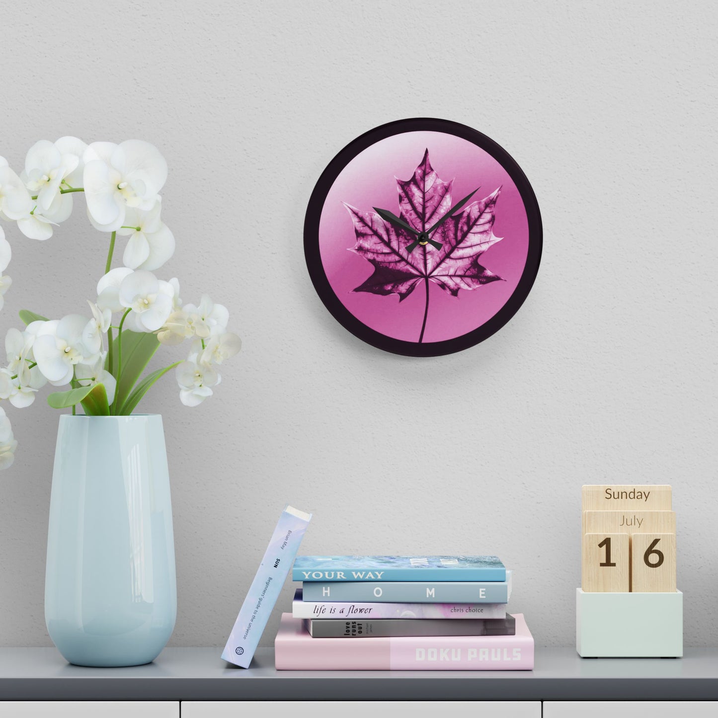 Magenta Maple Leaf Acrylic Wall Clock, Round or Square, 10.75" x 10.75"