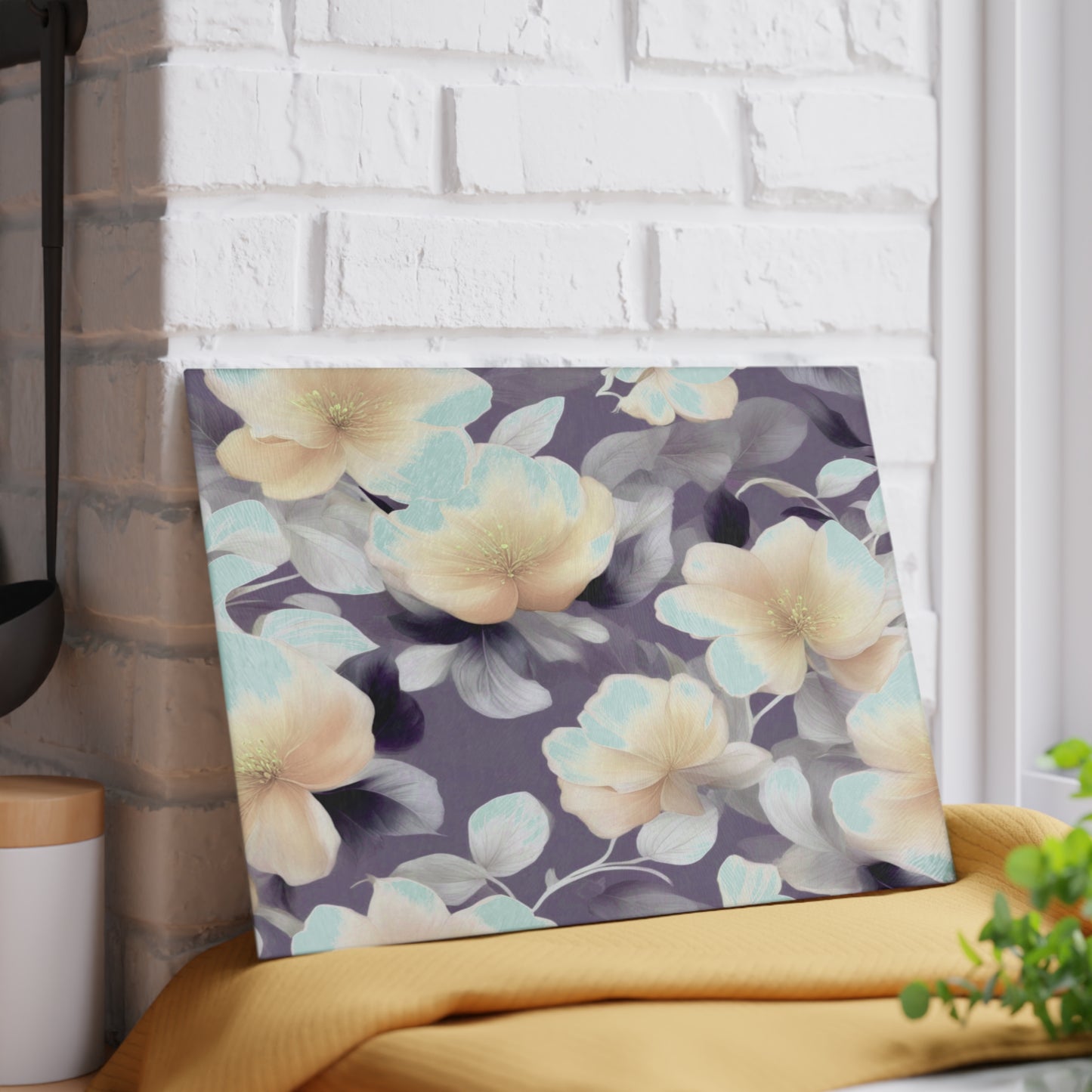 White Blush Floral Bunch Glass Cutting Board, 8" x 11"