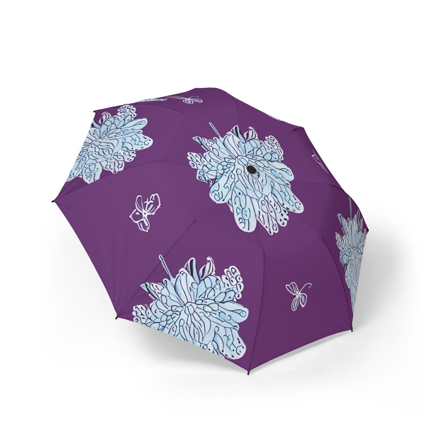 Blue Floral Butterflies Foldable Umbrella - Compact & Chic