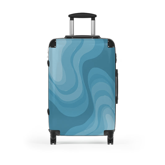 Sky Blue Wavey Medium Suitcase with built in lock, 4 double-wheels, telescopic handle, and ABS back hard-shell