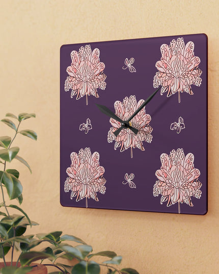 Pink Floral Butterflies Acrylic Wall Clock, Round or Square, 10.75" x 10.75"