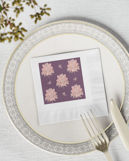 Pink Floral Butterflies White Coined Napkins, 4.8" x 4.8"
