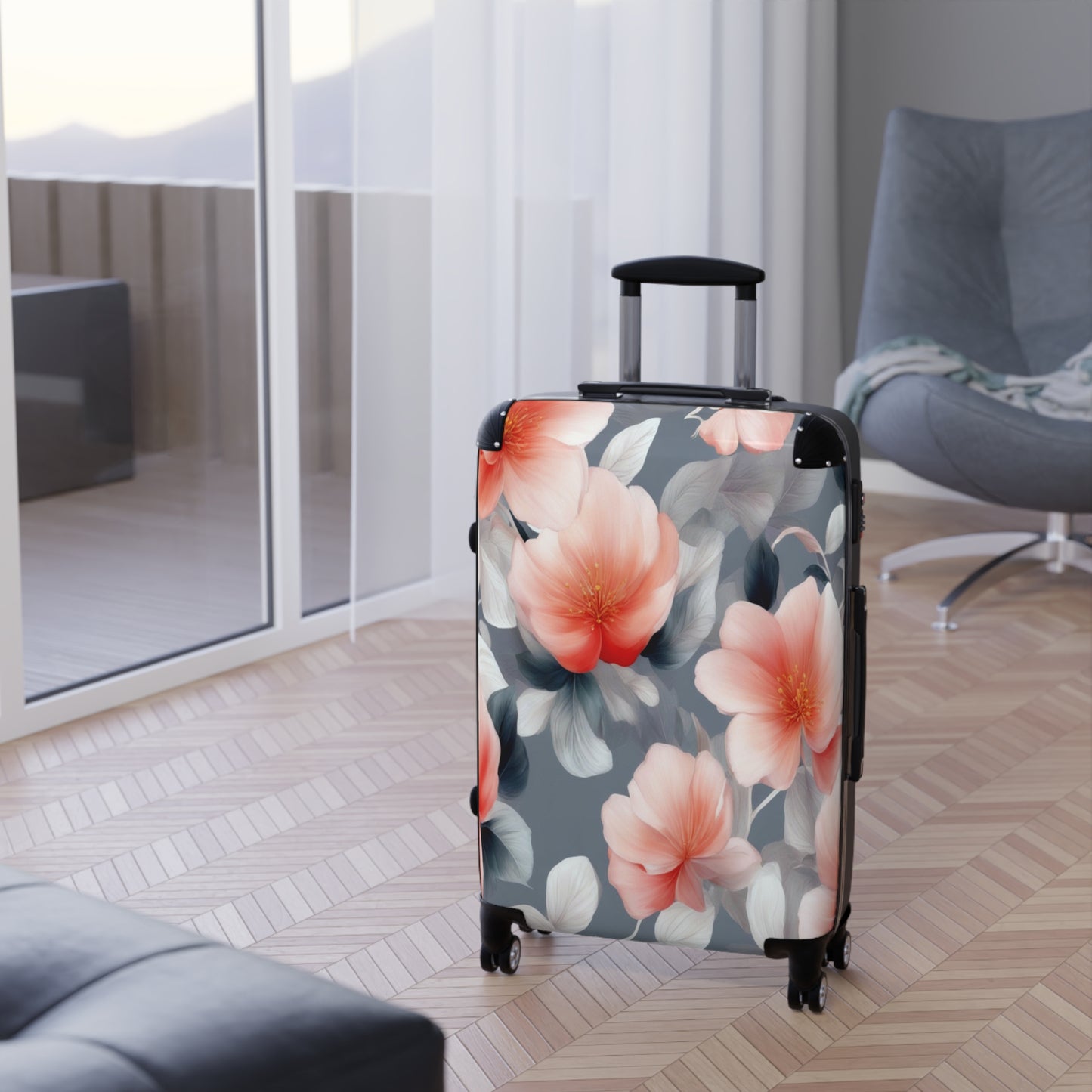 Red Blossom Floral Bunch Medium Suitcase with built in lock, 4 double-wheels, telescopic handle, and ABS back hard-shell