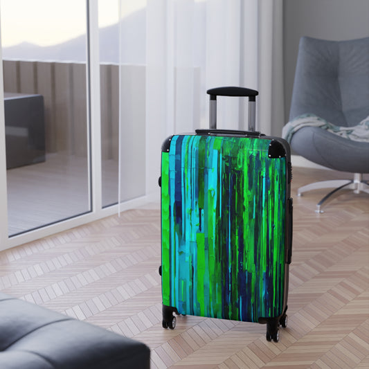 Striped Blue Green Medium Suitcase with built in lock, 4 double-wheels, telescopic handle, and ABS back hard-shell