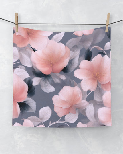 Peach and Blue Gray Floral Bunch Face Towel, 13" x 13"