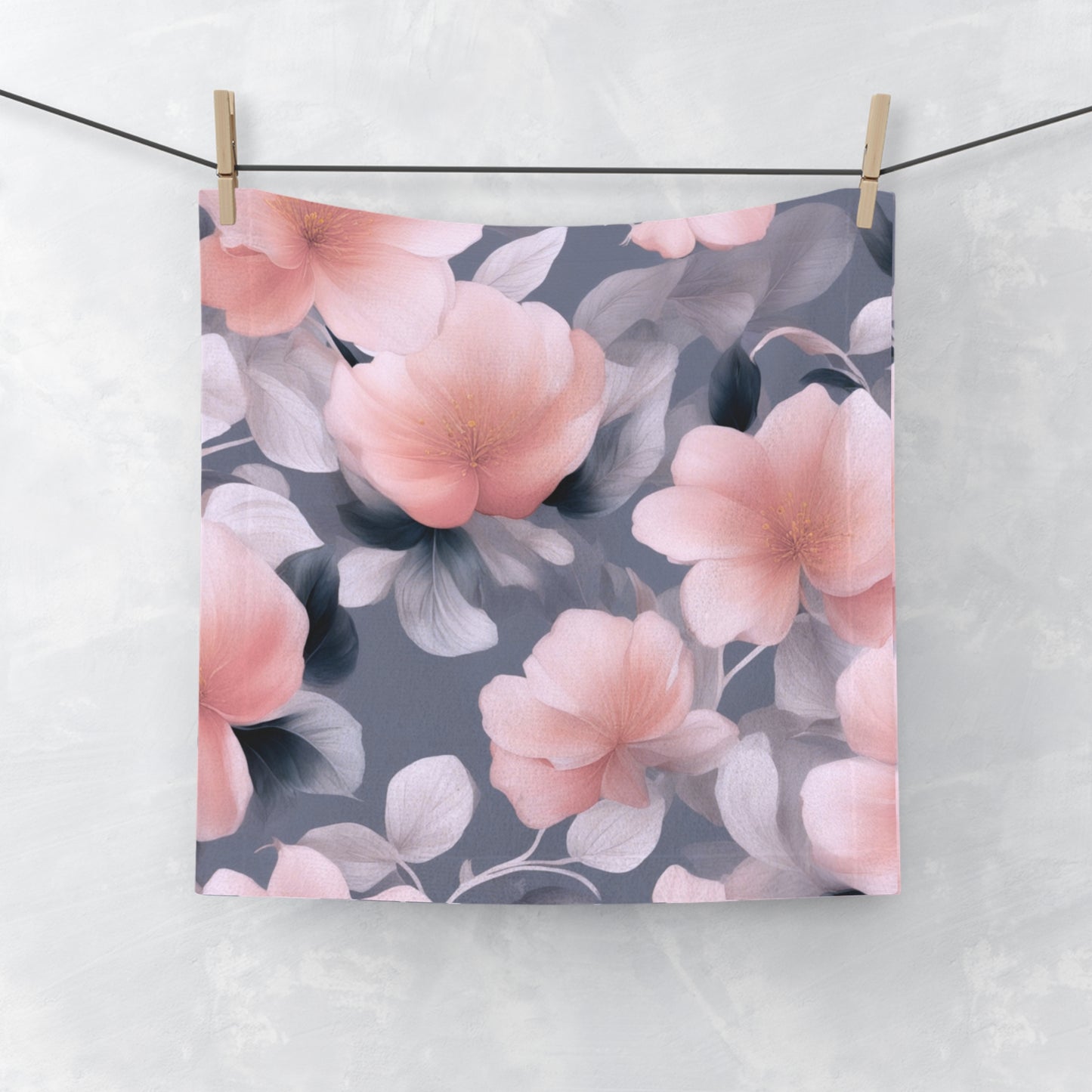 Peach and Blue Gray Floral Bunch Face Towel, 13" x 13"