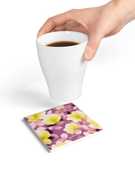 Lemon Blossom Floral Bunch Square Ceramic Coaster, 4" x 4"