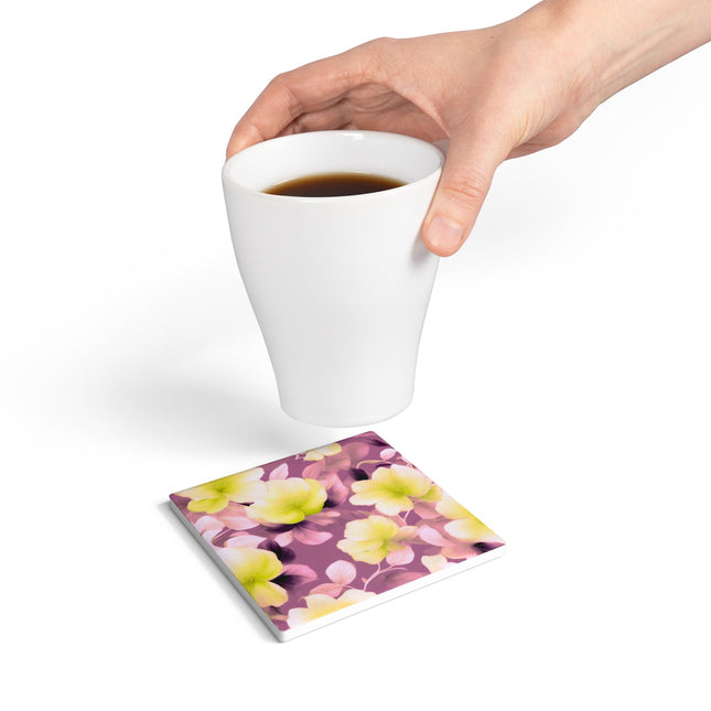 Lemon Blossom Floral Bunch Square Ceramic Coaster, 4" x 4"