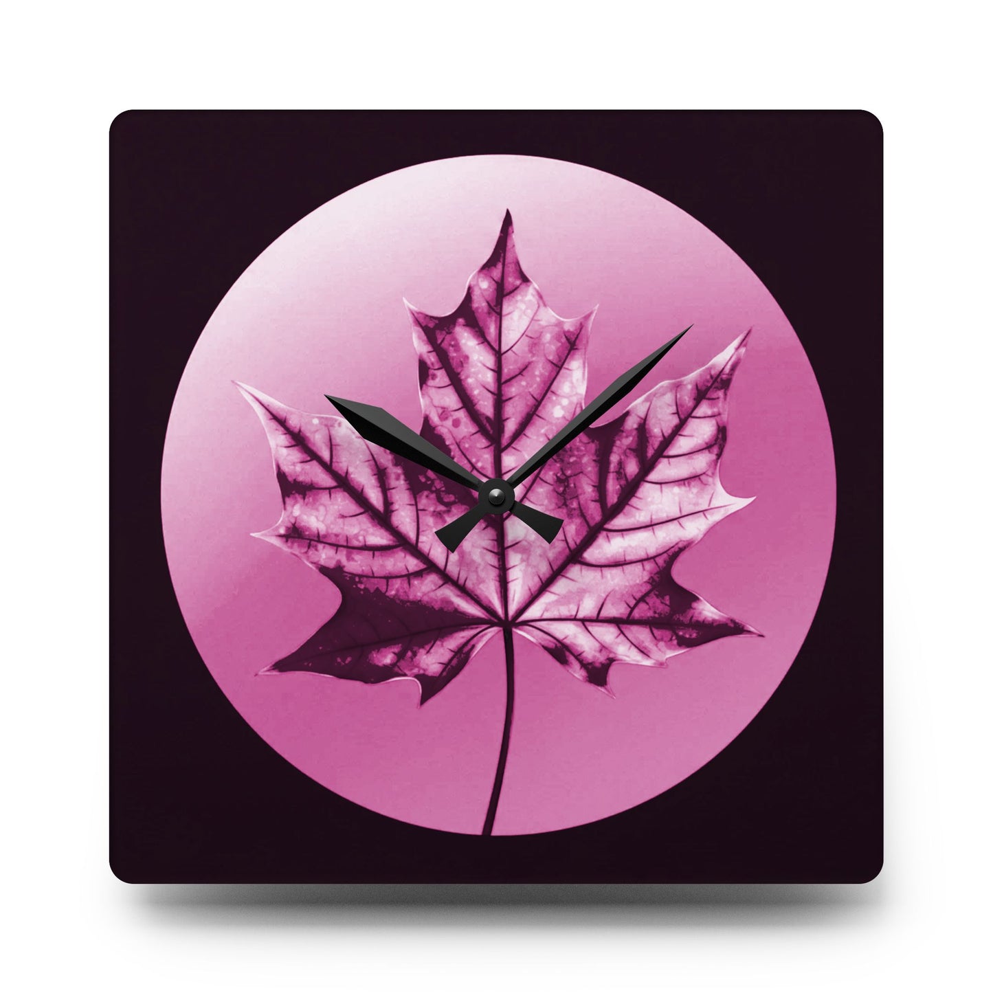 Magenta Maple Leaf Acrylic Wall Clock, Round or Square, 10.75" x 10.75"