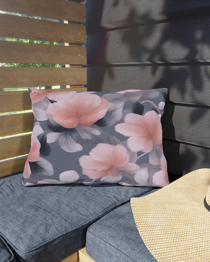 Peach and Blue Gray Floral Bunch Outdoor Pillow, 20" x 14"
