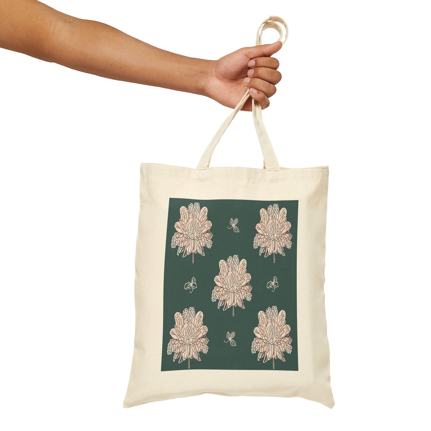 Soft White Floral Butterflies Cotton Canvas Tote Bag