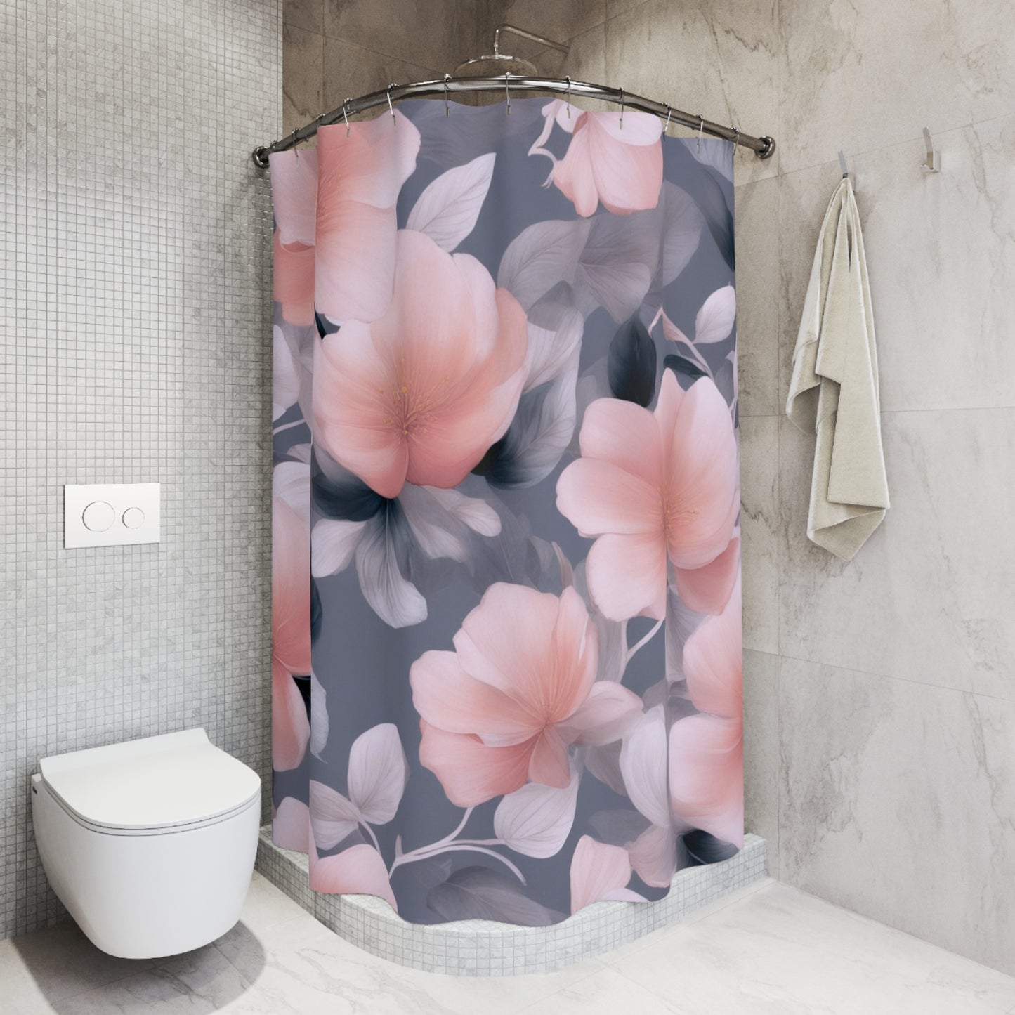 Peach and Blue Gray Floral Bunch Shower Curtains, 71" x 74"