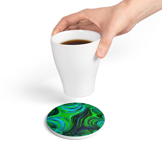 Uzi Spiral Blue Green 4" x 4" Round Ceramic Coaster