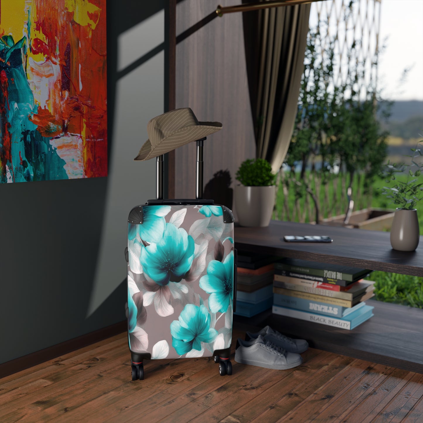 Tif Green Gray Floral Bunch Small Suitcase with built in lock, 4 double-wheels, telescopic handle, and ABS back hard-shell