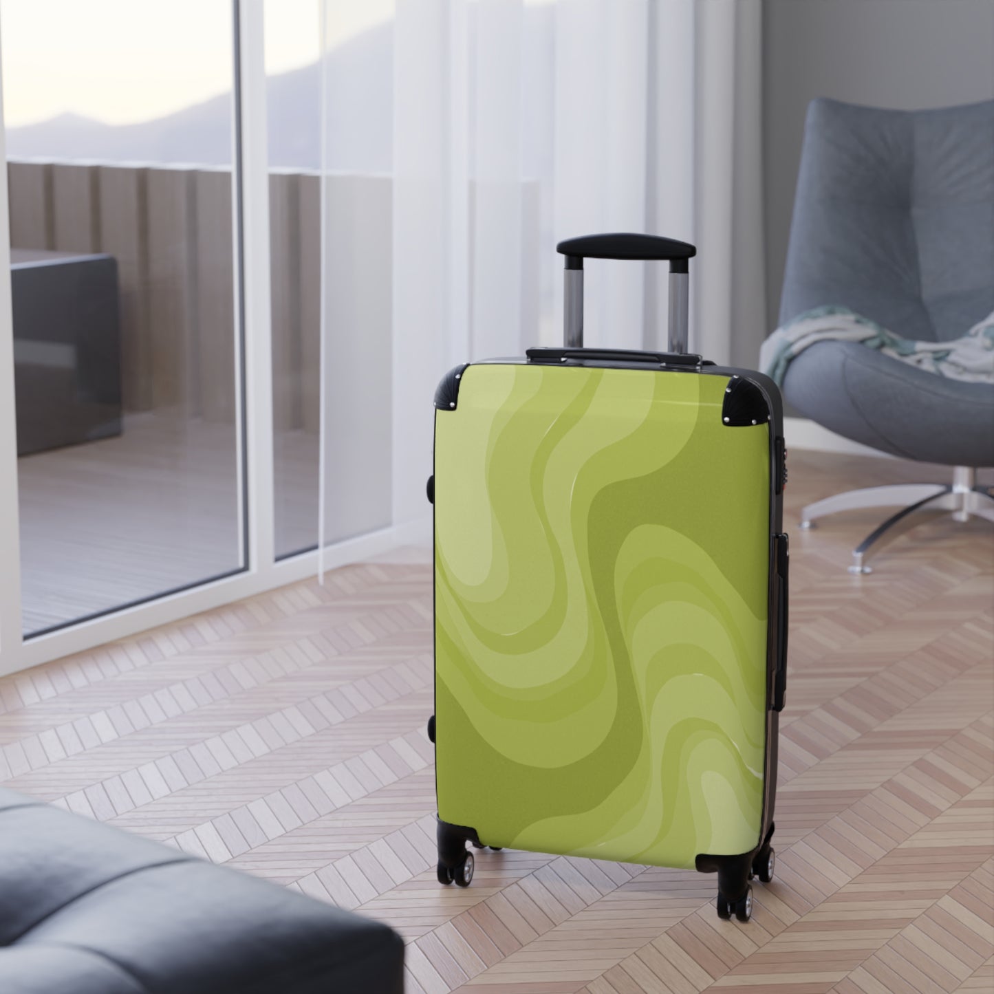 Lemon Wavey Medium Suitcase with built in lock, 4 double-wheels, telescopic handle, and ABS back hard-shell