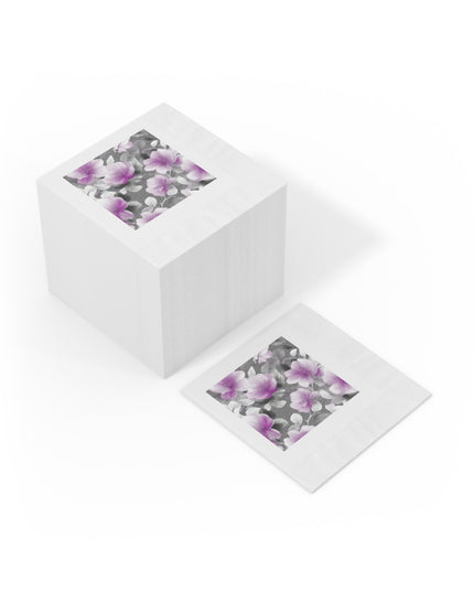 Purple Blossom Floral Bunch White Coined Napkins, 4.8" x 4.8"