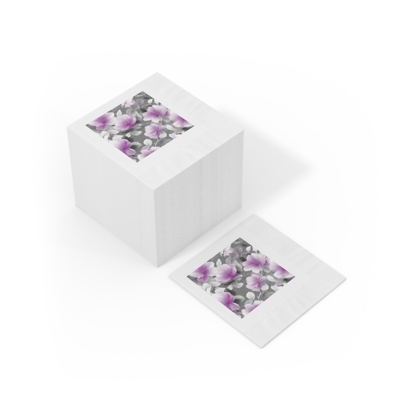 Purple Blossom Floral Bunch White Coined Napkins, 4.8" x 4.8"