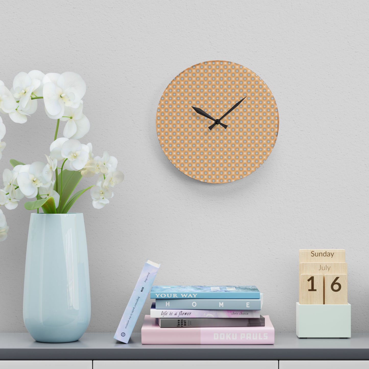 Tan Sunset Star-crossed Bodies Acrylic Wall Clock, Round or Square, 10.75" x 10.75"