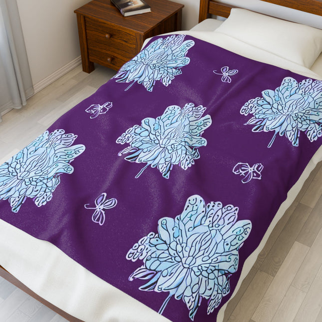 Blue Floral Butterflies Velveteen Plush Blanket, 50" x 60"