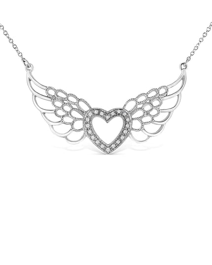 .925 Sterling Silver Pave-Set Diamond Accent Fairy Wing 18" Heart Pendant Necklace (I-J Color, I1-I2 Clarity)