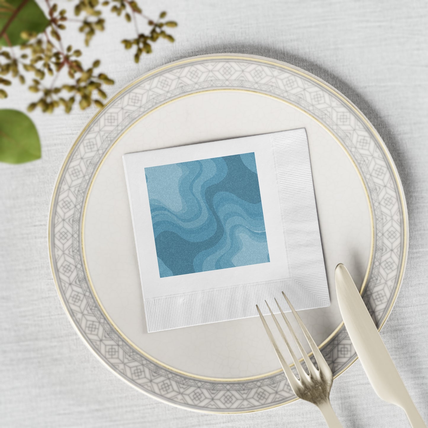 Sky Blue Wavey White Coined Napkins, 4.8" x 4.8"