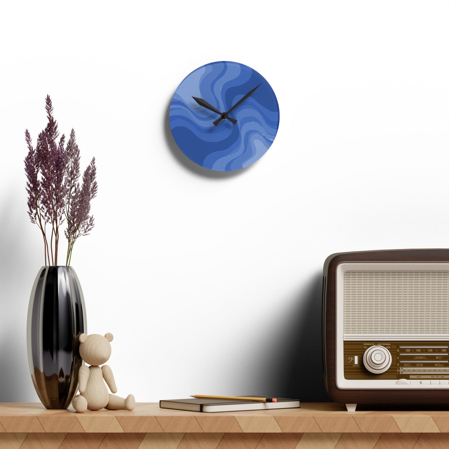 Deep Blue Wavey 8" x 8" Round Acrylic Wall Clock