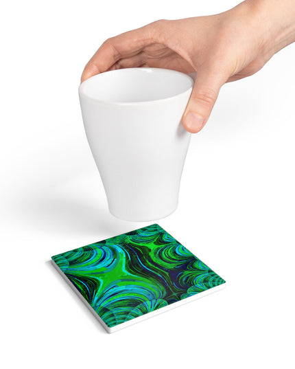 Uzi Spiral Blue Green 4" x 4" Square Ceramic Coaster